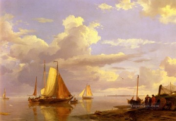 夕暮れの海岸沖の漁船 ヘルマナス Snr ケコック海景ボート Oil Paintings